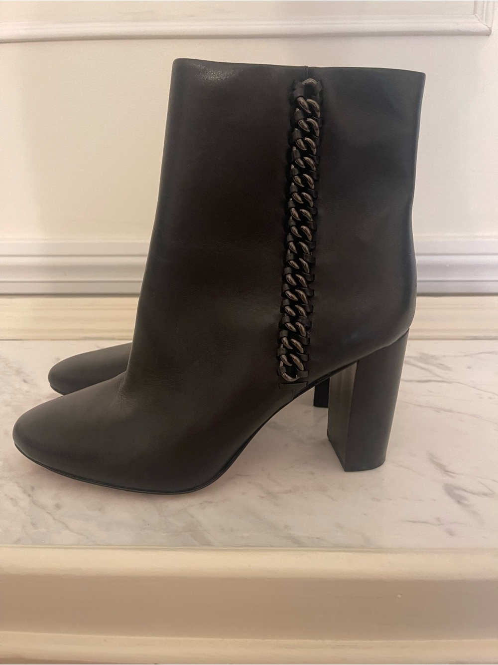 Coach Black Leather Block Heel Ankle Boots with Chain Trim